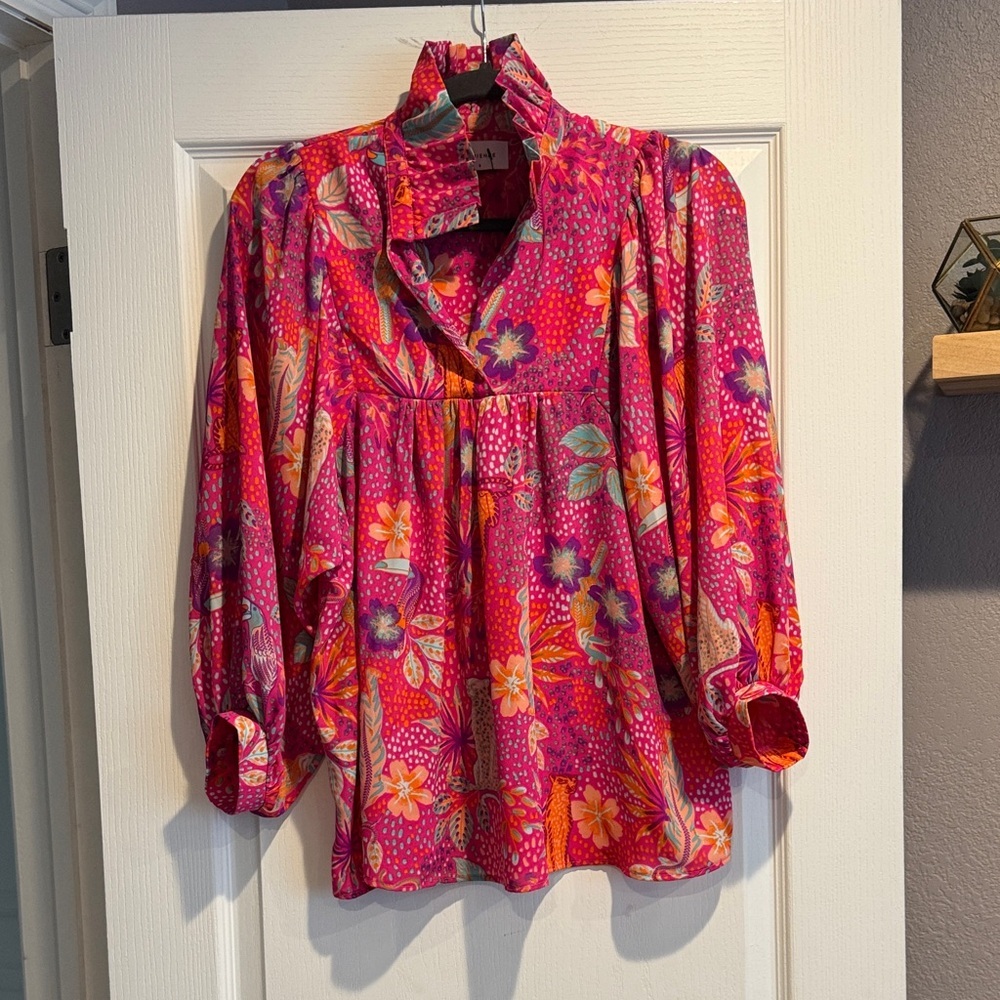 Bright Pink Floral Peasant Blouse - Women's Top